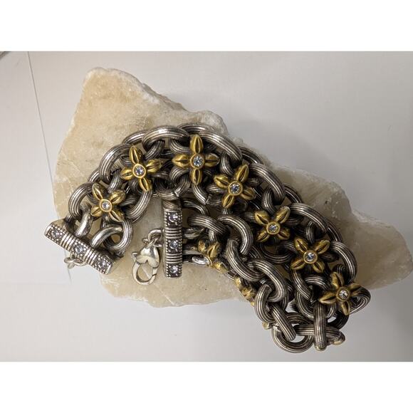 Brighton Flower Link Bracelet 7.5in Two Tone Gold Silver Crystal nice! - Picture 2 of 8